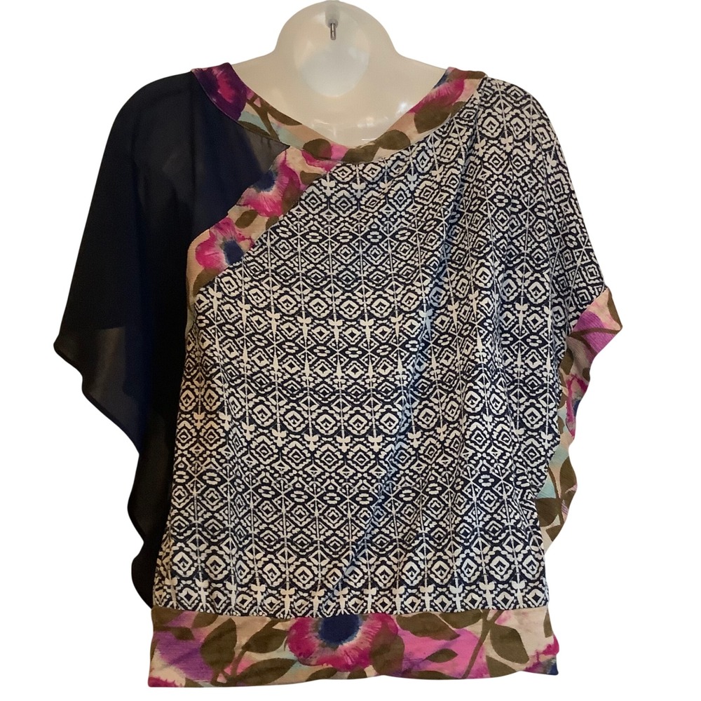 Vanessa Virginia Anthropologie Mixed Print Blouse Floral Ikat Asymmetric Navy S - Picture 2 of 15